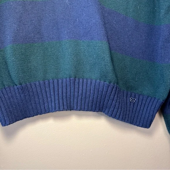 Sunday Best Fine Knit V-Neck Polo Sweater, Navy & Green Stripe, Preppy, Academia - Picture 5 of 7
